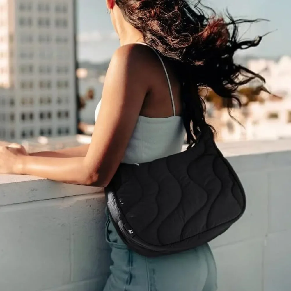 Women's Puffer Sling Bag Quilted Nylon Crescent Crossbody Shoulder Travel Purse